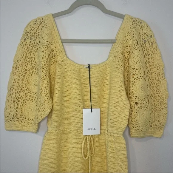 NWT Spell Crochet Doily Puff Sleeve Grannycore Cottagecore Mini Dress Small - Picture 3 of 13